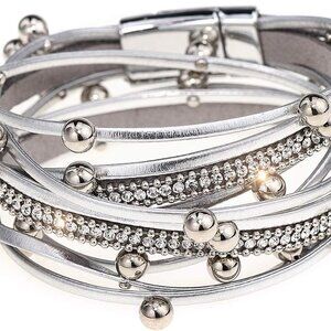 Fashion-Forward Multilayered Leather Bracelet with Secure Magnetic Buckle - 16”